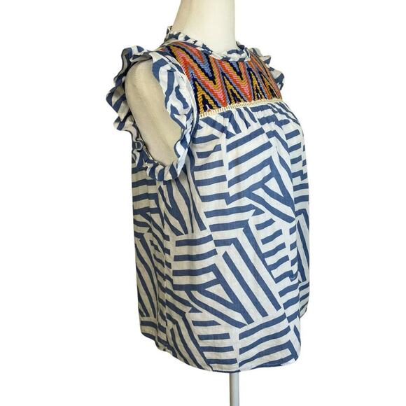 THML Boho Flutter Sleeve Ruffled Embroidered Top Blouse Geometric Print Spring S - Picture 5 of 16